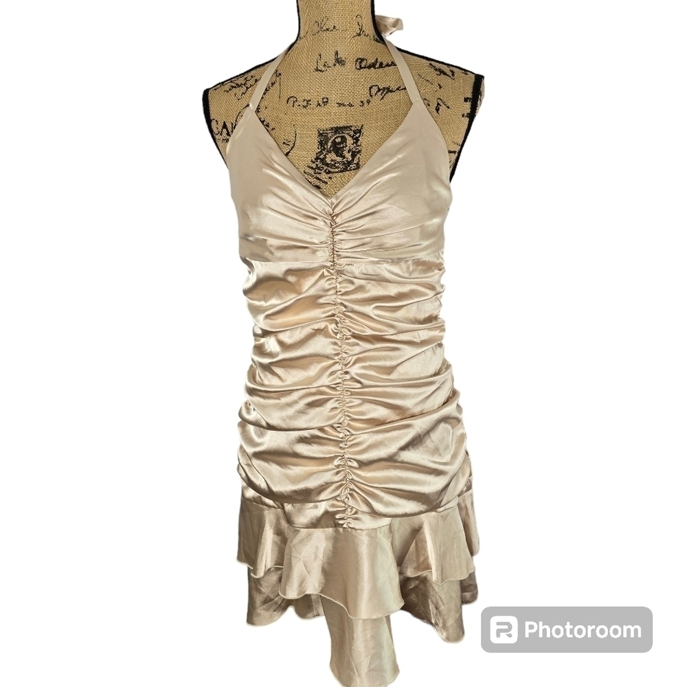Vintage Y2K Jessica McClintock Gold Ruched Ruffled Halter Prom Dress Fairycore